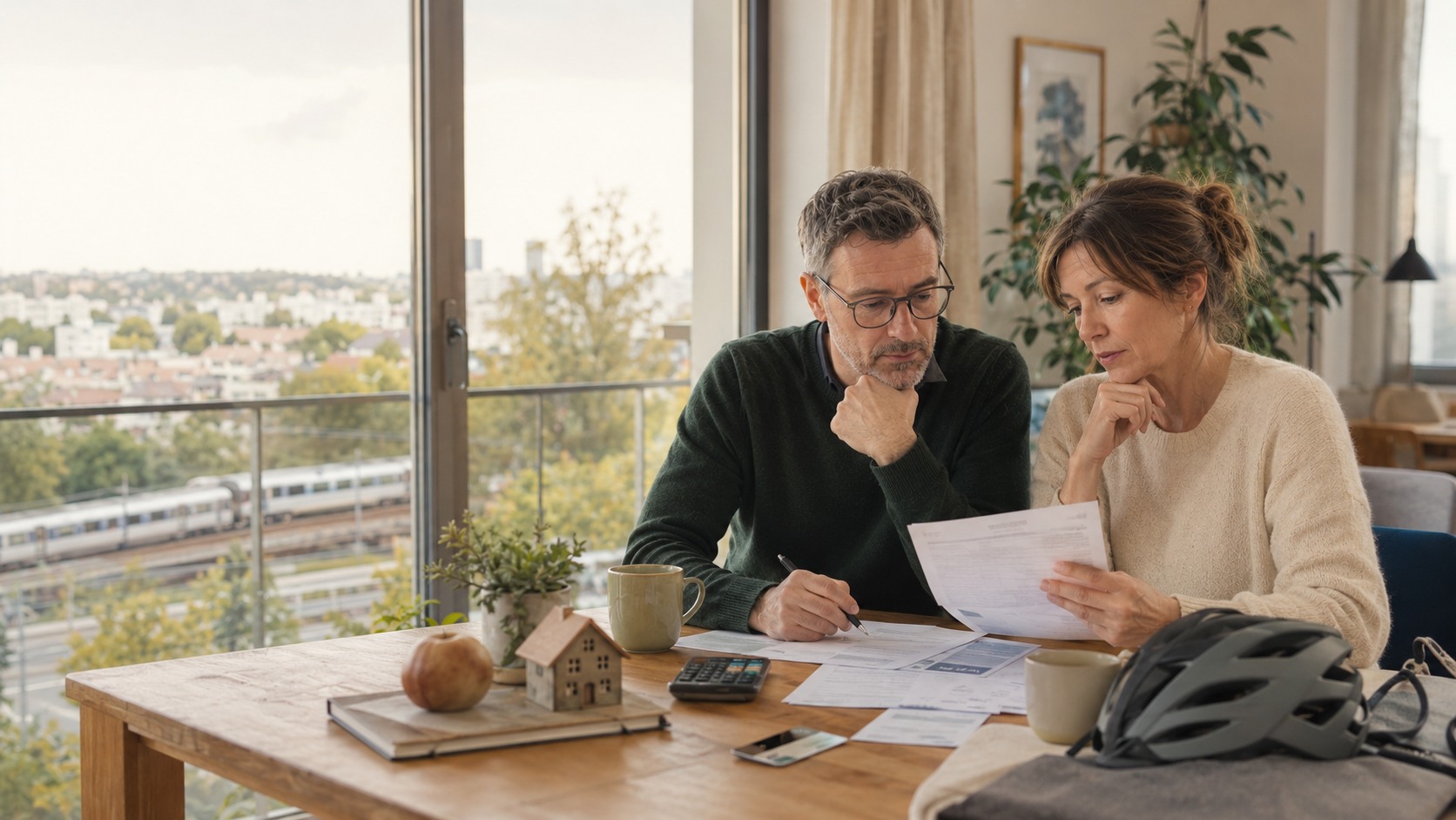 Un couple francilien étudie son budget logement, énergie et mobilité avec un train visible depuis son appartement